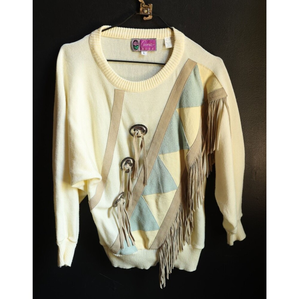 Vintage 80s Cameo Rose Sweater Leather Fringe Western Coastal Cowgirl Southwest